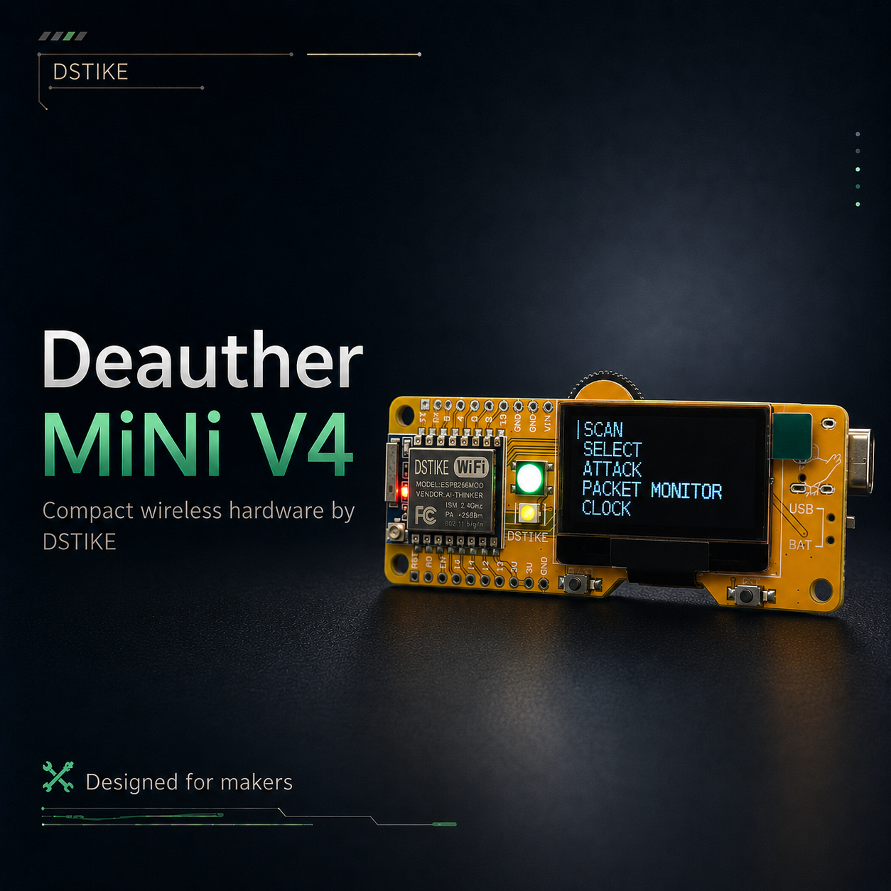 DSTIKE Deauther MiNi V4 | 2.4G Wi-Fi-Sekureca Testada Frivolulo-Aparato