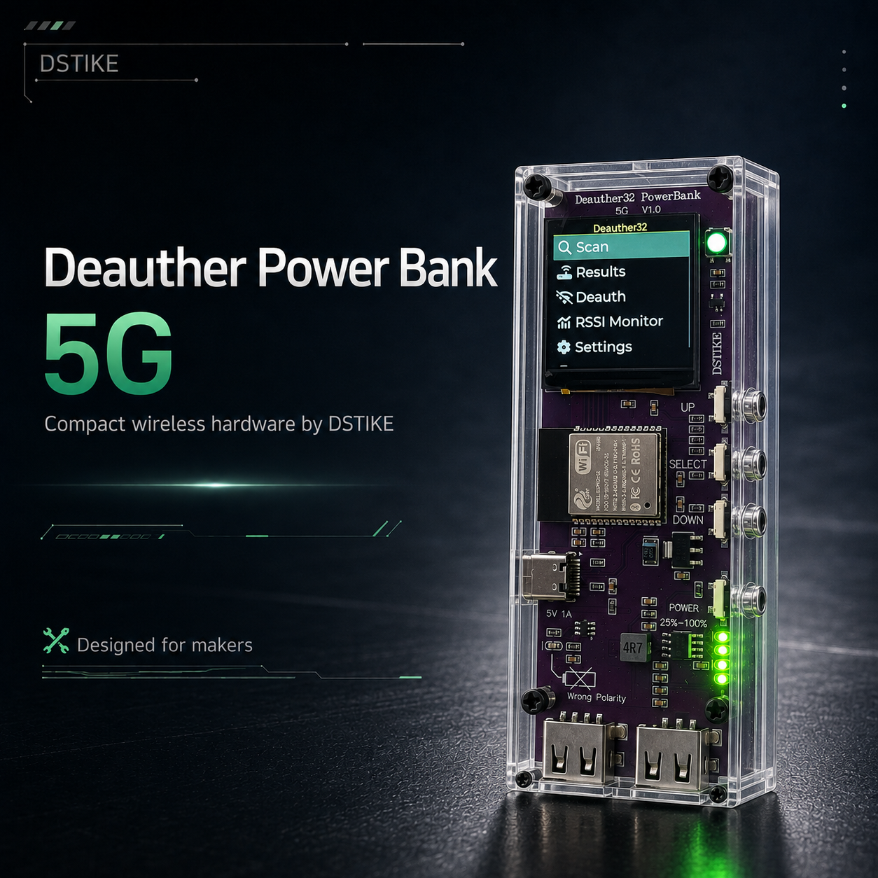 DSTIKE Deauther Power Bank 5G -ESP32-C5 Wireless Security Tool with 1.5" Display and Dual USB Output
