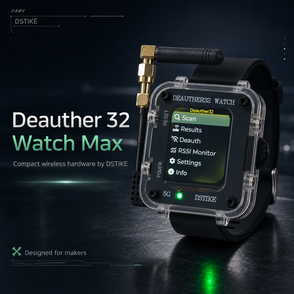 DSTIKE Deauther32 Watch MAX — ESP32-C5 Du-Benda Senkabla Sekureca Testa Horloĝo