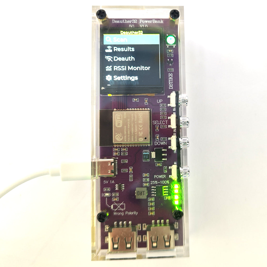 DSTIKE Deauther Power Bank 5G -ESP32-C5 Wireless Security Tool with 1.5" Display and Dual USB Output