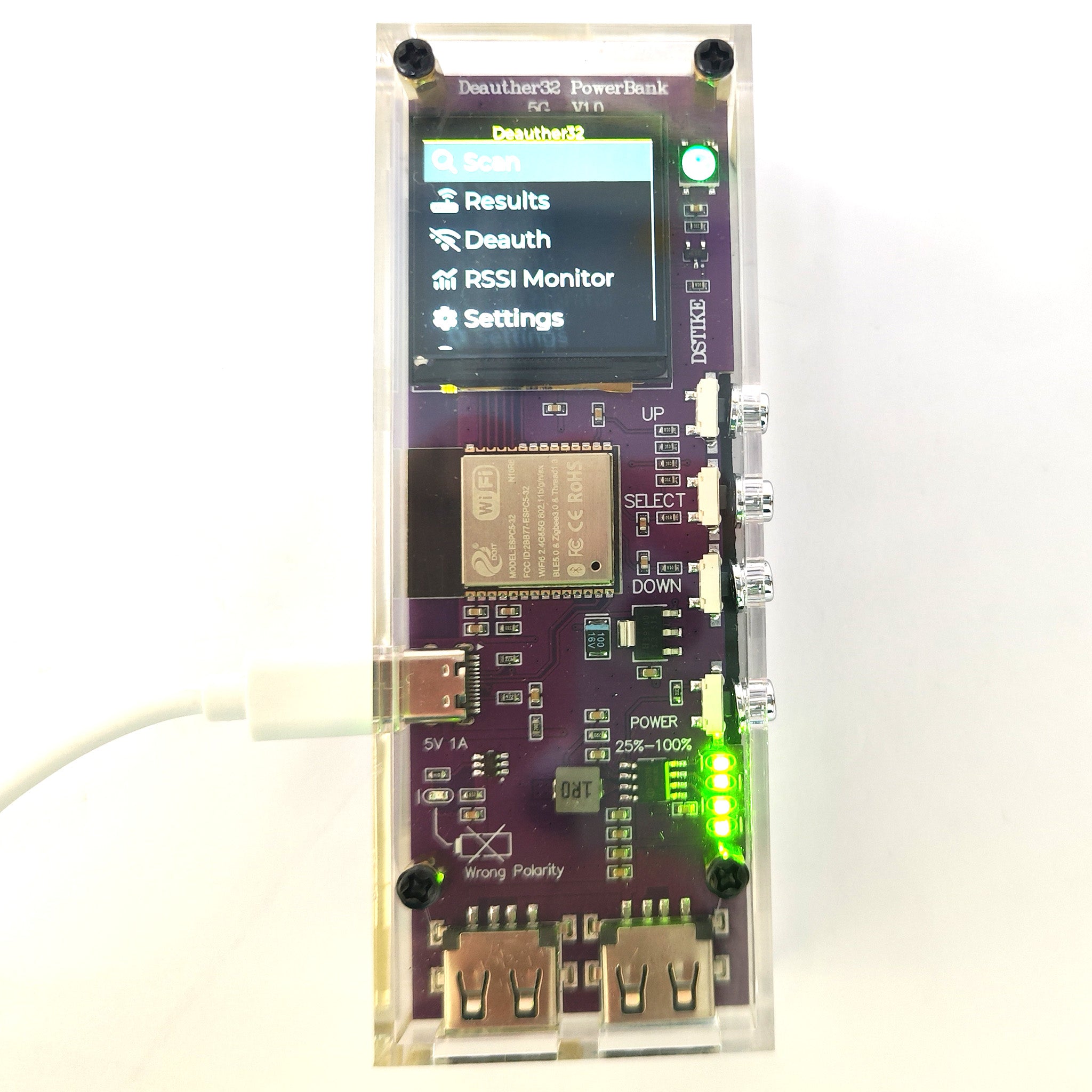 DSTIKE Deauther Power Bank 5G -ESP32-C5 Wireless Security Tool with 1.5" Display and Dual USB Output